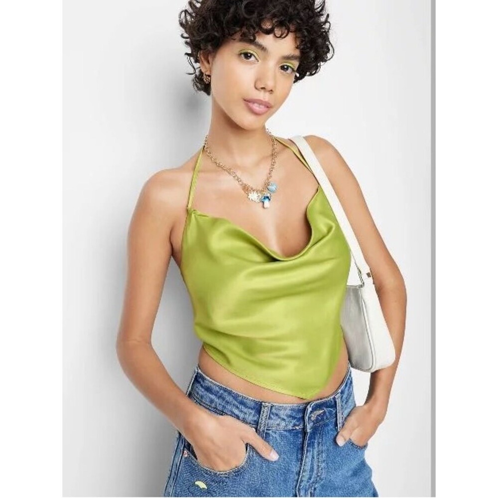 Wild Fable Lime Green Satin Halter Handkerchief Crop Top